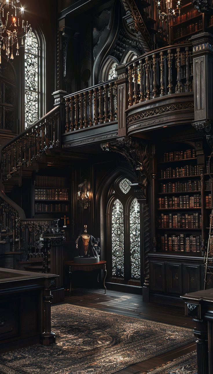 an old fashioned library with chandeliers and bookshelves