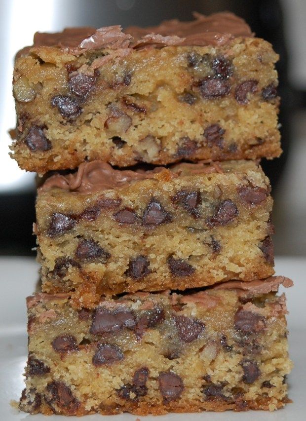 chocolate chip cookie bars stacked on top of each other