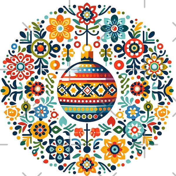 a colorful christmas ornament with flowers and arrows in the center on a white background