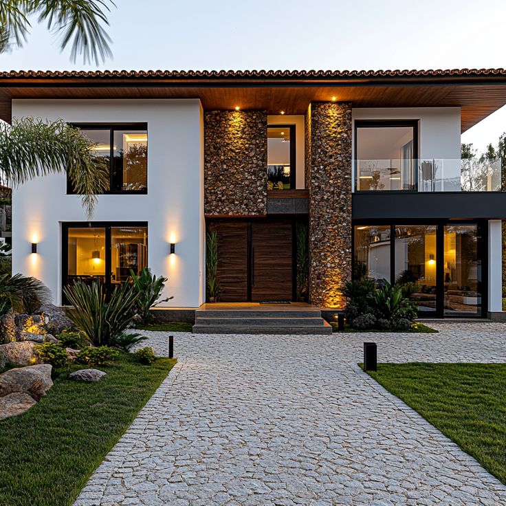 a modern house with stone and wood accents in the front yard at dusk, surrounded by palm trees