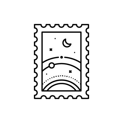 a stamp with an image of the moon and stars on it, in black and white