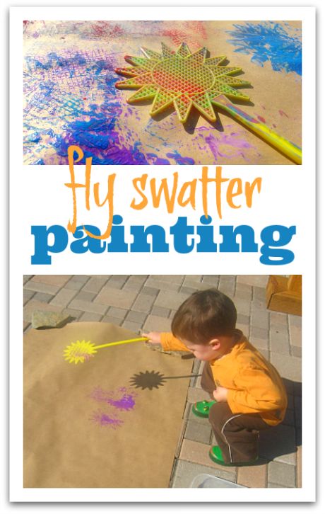 two photos with the words, fly swatter painting and an image of a child playing with