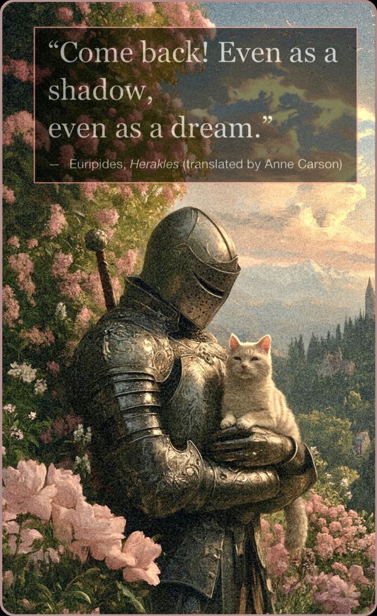 a knight holding a cat in his arms with a quote above it that says, come back even as a shadow, even as a dream