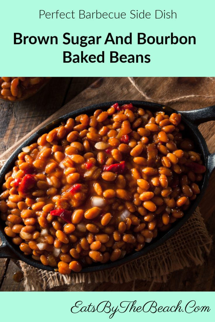 brown sugar and bourbon baked beans in a cast iron skillet with text overlay