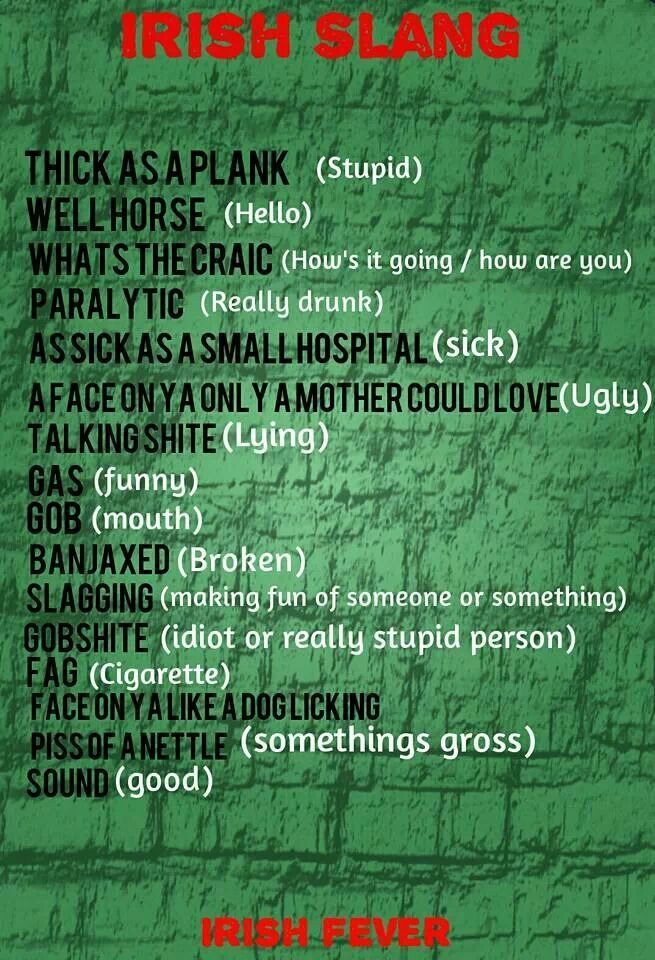 a green poster with the words irish slaig on it's back side