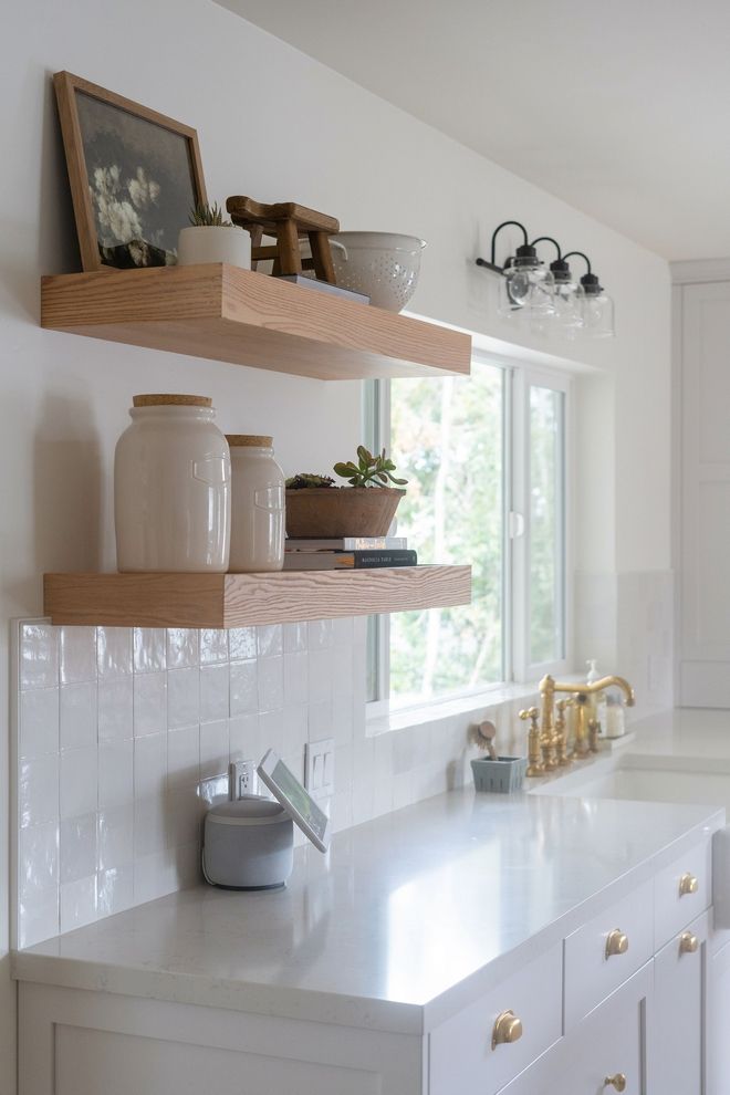 the kitchen counter is clean and ready to be used as a storage area for dishes