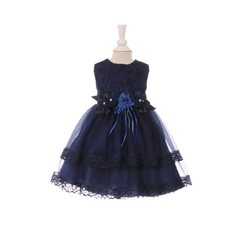 This Baby Girls Dress Features A Fully Lined Lace Covered Top, Tulle Skirt With Lace Lining, Clip-On Embellished Floral Belt, Back Zipper And Sash Tie Closure. Elegant Blue Princess Dress For Baptism, Elegant Blue Tutu Dress For Baptism, Blue Lace Princess Dress For Party, Blue Lace Dress For Pageant, Blue Lace Dresses For Pageant, Blue Lace Pageant Dress, Blue Lace Dresses For Pageants, Blue Fitted Lace Princess Dress, Fitted Blue Lace Princess Dress