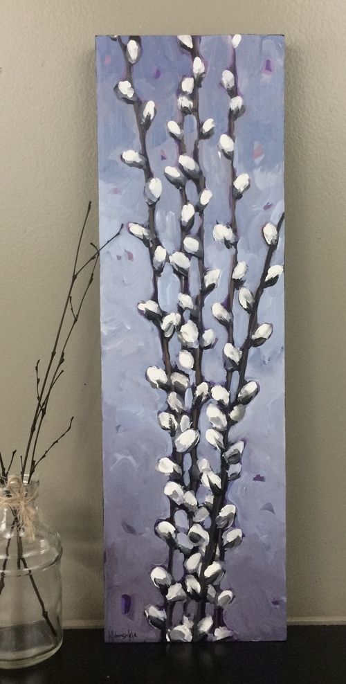 a painting with white flowers on it next to a vase