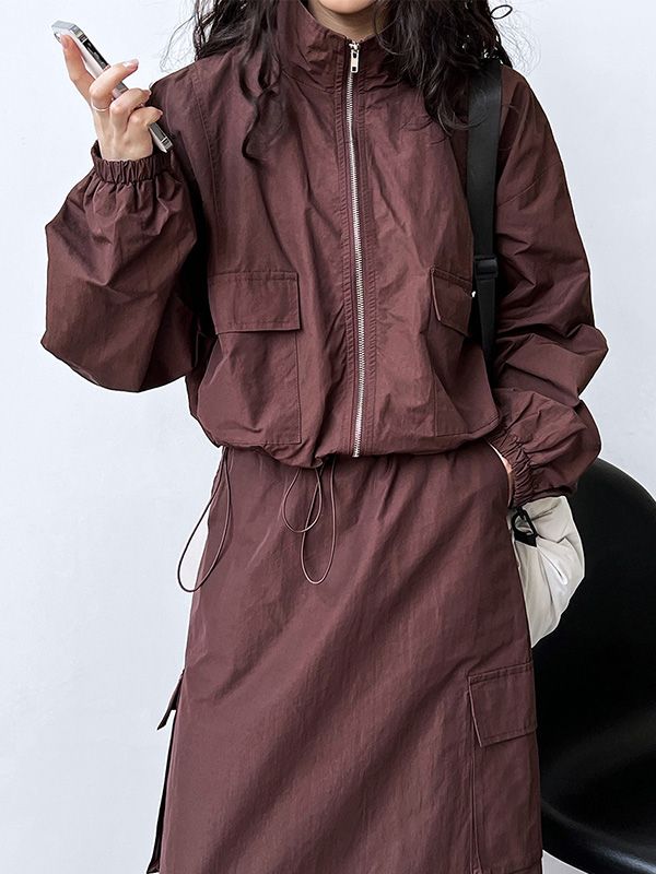 Long Sleeves Loose Drawstring Elasticity Pockets Solid Color Zipper Stand Collar Jacket Top + Split-Back Skirts Bottom Two Pieces Set RED-M Stand Collar Jacket, Stand Collar Jackets, Leisure Fashion, Split Skirt, Collar Jacket, Woman Silhouette, Zipper Jacket, Fashion Seasons, Short Jacket