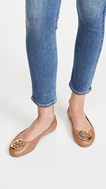 Tory Burch Minnie Travel Ballet Flats | SHOPBOP Tory Burch Ballet Flats, Tan Flats, Travel Products, Fancy Shoes, Tory Burch Flats, Classic American, Tory Burch Shoes, Leather Flats, Shoe Game