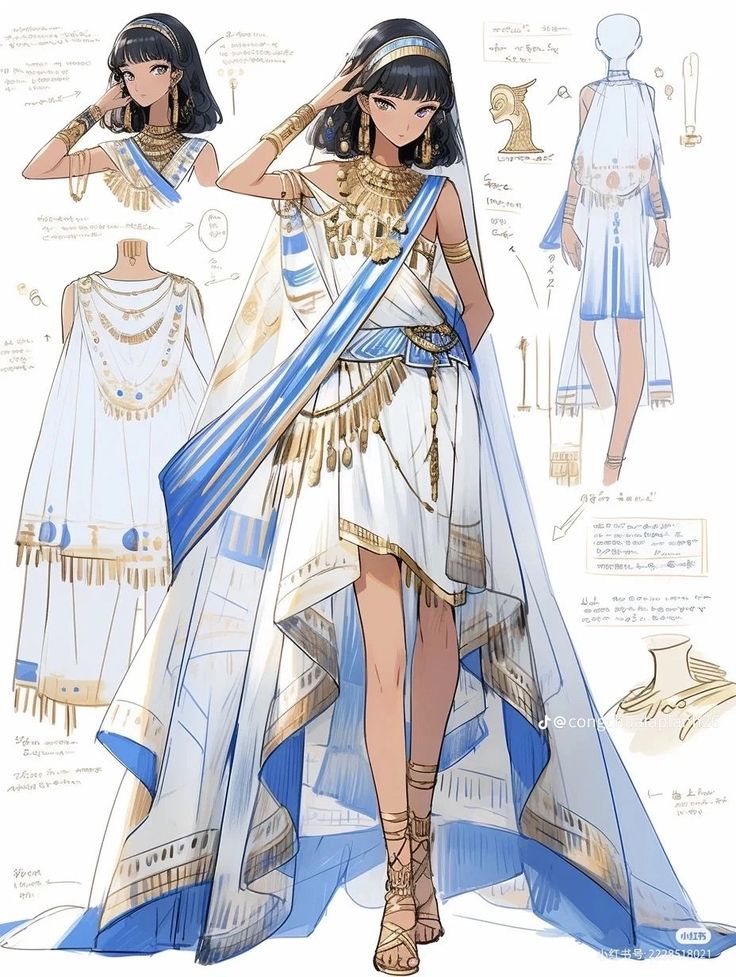 an egyptian woman is dressed in blue and white