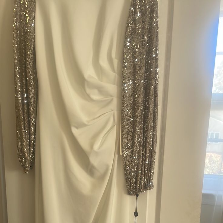 a white dress with silver sequins hanging from it's hanger in front of a window