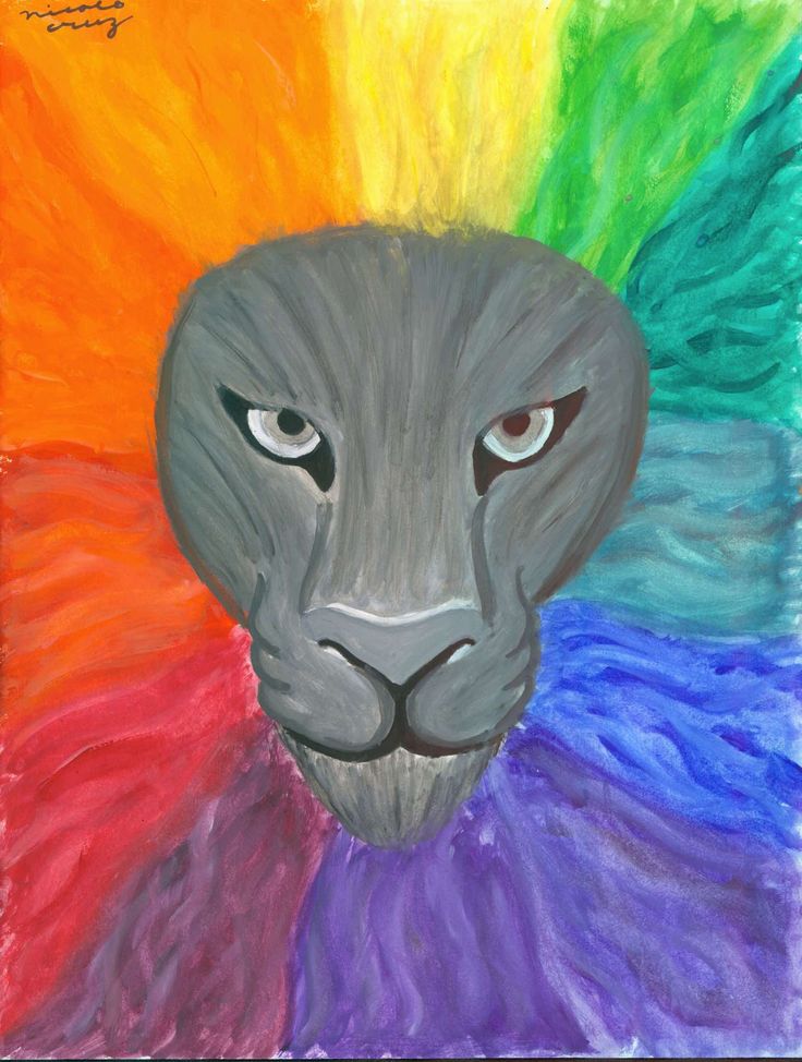 a painting of a grey cat with multicolored feathers on it's face