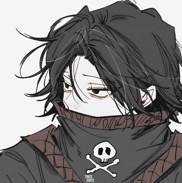 an anime character with long black hair wearing a bandana and skull crossbones