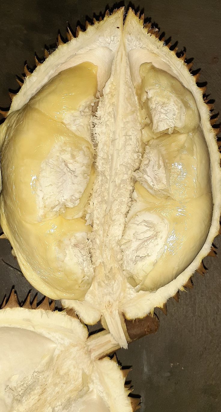 the inside of a durian fruit that has been cut open