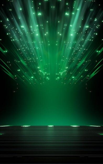 an empty stage with bright green lights and stars on the ceiling, in front of a black background