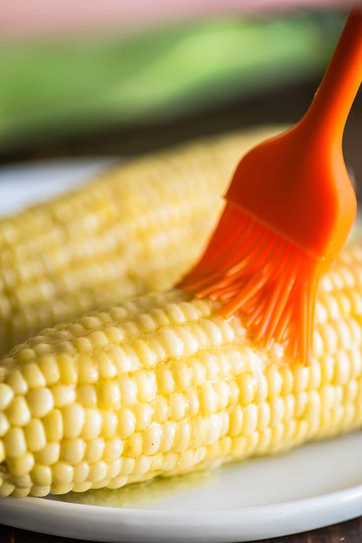 a corn on the cob with a brush in it's ear, sitting on a plate