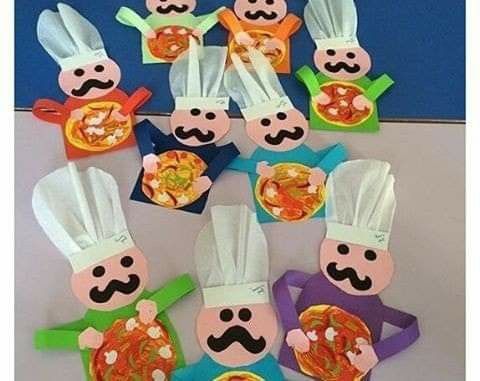 paper cut outs with chef hats and pizza slices on them are arranged in the shape of faces