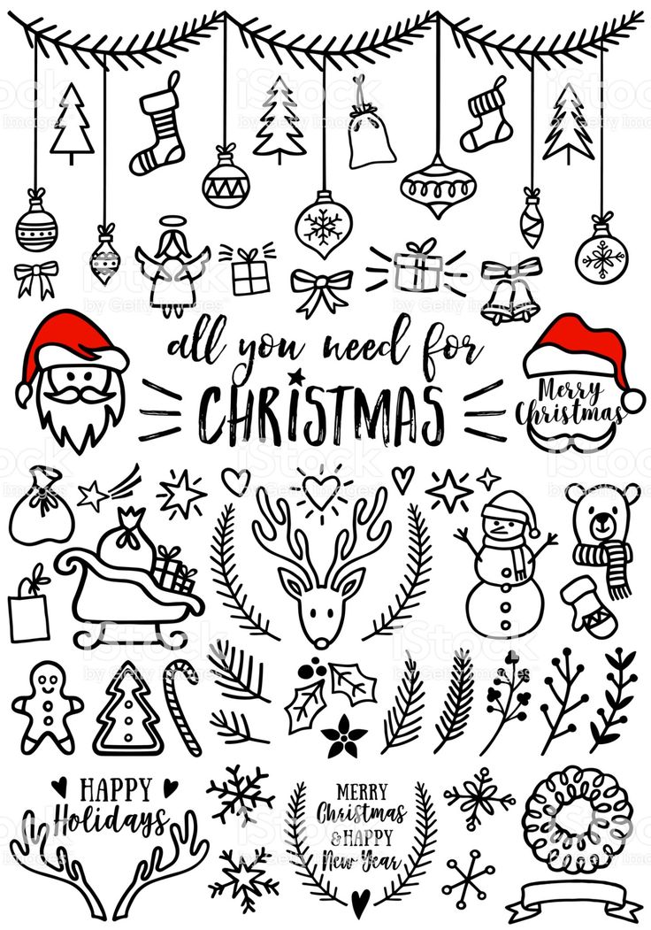 christmas doodles and hand lettering on white background