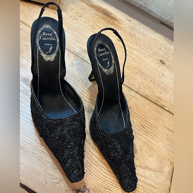 These Brand New Black Rene Caovilla Venezia Crystal Beaded Embellishment Slingback Pumps Are The Perfect Heel To Add To Any Closest! They Are Rare! I Bought Around 4-5 Years Ago, Threw Away The Box, & Never Ended Up Wearing, Because They Didn't Match The Dress I Brought Them For. Can’t Remember Exactly How Much I Paid, But It Was Around $1,200. Literally Never Been Touched & Stored Perfectly With All The Rest Of My Shoes. Perfect New Store Like Condition. Fitted Slingback Pumps For Evening, Elegant Black Slingback Pumps For Cocktail, Elegant Black Slingback Pumps For Wedding, Elegant Evening Slingback Pumps For Formal Occasions, Elegant Embellished Evening Slingback Pumps, Embellished Black Slingback Pumps For Formal Occasions, Black Embellished Slingback Pumps For Formal Occasions, Elegant Black Slingback Pumps For Gala, Formal Embellished Black Slingback Pumps