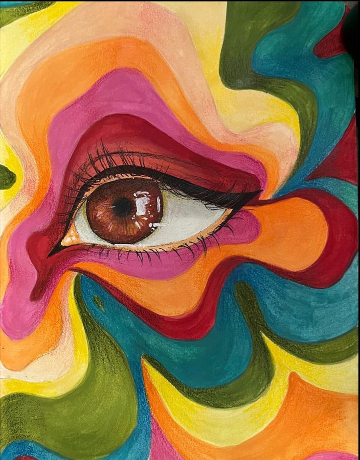 Pencil ✏️ art Eyes Drawing Abstract, Creative Eye Painting, Self Portrait Ideas Painting, Eye Painting On Canvas, Realistic Painting Ideas, Beginner Art Ideas, Canvas Doodles, Hippie Art Ideas Simple, Painting Ideas Colorful