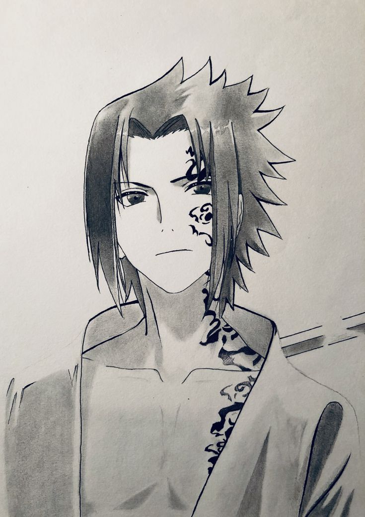 a drawing of an anime character with black hair and piercings on his ears, staring at the camera