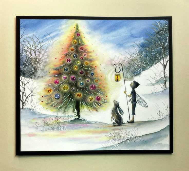 a watercolor painting of a person and a dog standing in front of a christmas tree