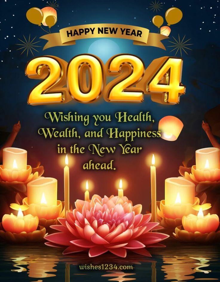 a happy new year card with candles and flowers