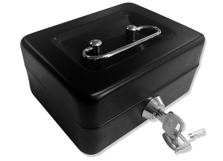 a black metal box with two keys on the lock and one key is attached to it