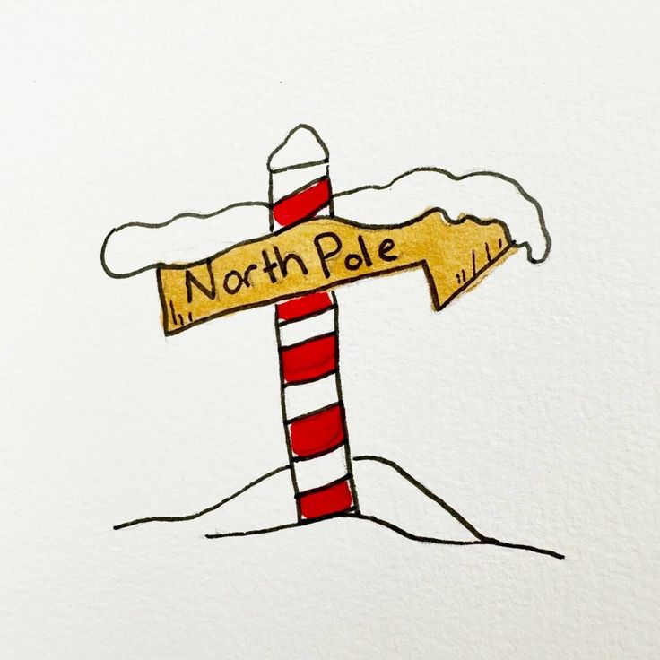 a drawing of a street sign in the snow with a red and white striped pole