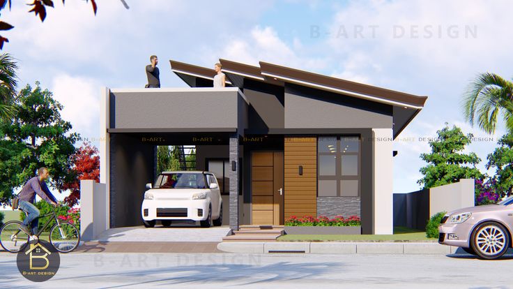 two cars are parked in front of a house with a man riding a bike on the street