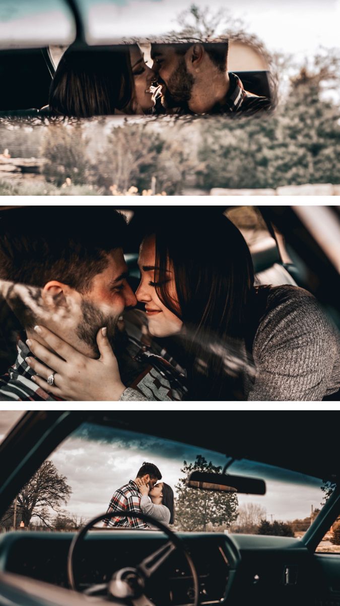 a couple kissing in the back seat of a car, while another man is driving