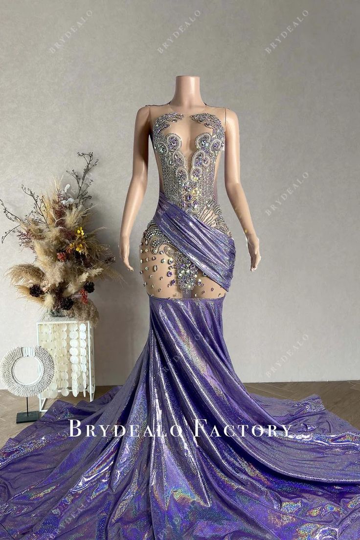 Rhinestones Purple Glitter Mermaid Long Train Prom Dress Purple And Silver Prom Dresses, Purple Prom Looks, Grey Hoco Dress, Purple Prom Dresses Black Women, Wedding Gown With Overskirt, Gown With Overskirt, Mermaid Wedding Gown, Silver Prom Dress, Prom Dress With Train