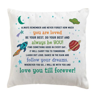 a white pillow with the words love you till forever and an image of planets on it