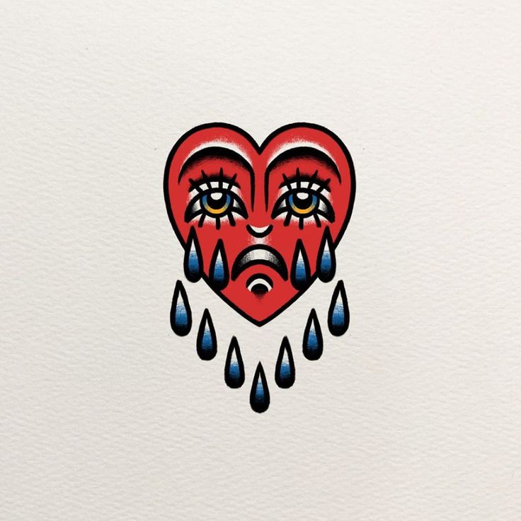 a red heart with tears and tears hanging from it's sides on a white background