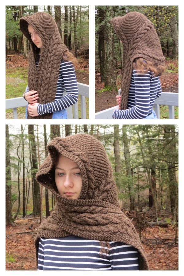 a woman wearing a hooded scarf in the woods