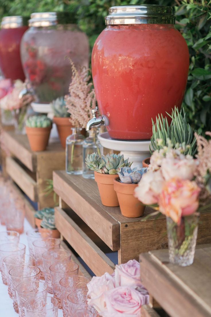 there are many vases with plants in them on the side of a table together