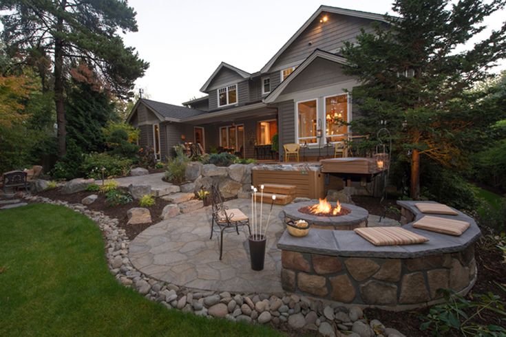 an outdoor patio with fire pit and seating area