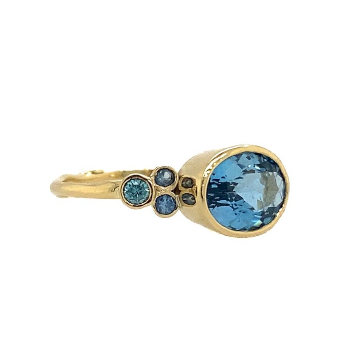 YES to this blue on blue beauty! A perfect blue Aquamarine is set in 14k yellow gold and accented with Sapphires and Blue Zircon. Finished on Emily's signature seagrass band. We originally saw this as being a unique engagement ring or that perfect something blue on the big day but it would be just as wonderful as an everyday bit of sparkle. Approximate stone size: 10mm x 7mm Approx Stone CT weight: 2 ct Mohs Stone Hardness: 7.5-8 This one of a kind piece is handmade with love in Emily's Hudson V A Perfect Blue, Blue Zircon Ring, Blue Beauty, Perfect Blue, Aquamarine Ring, Local Jewelry, Unique Engagement Ring, Aquamarine Rings, Zircon Ring