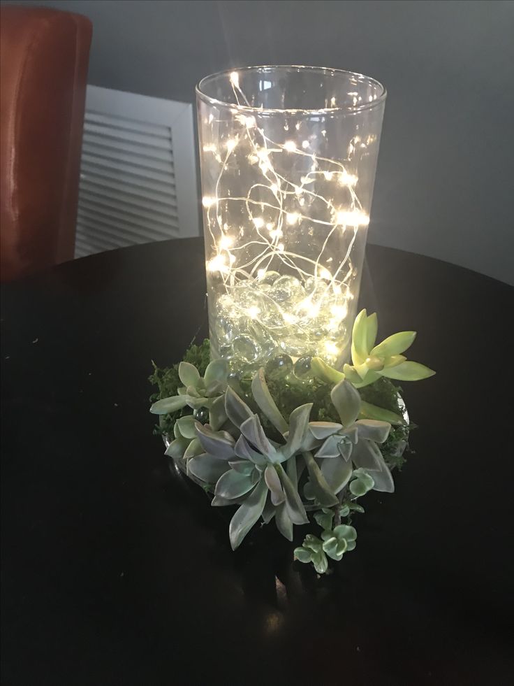 a glass with some lights in it sitting on a table next to a potted plant