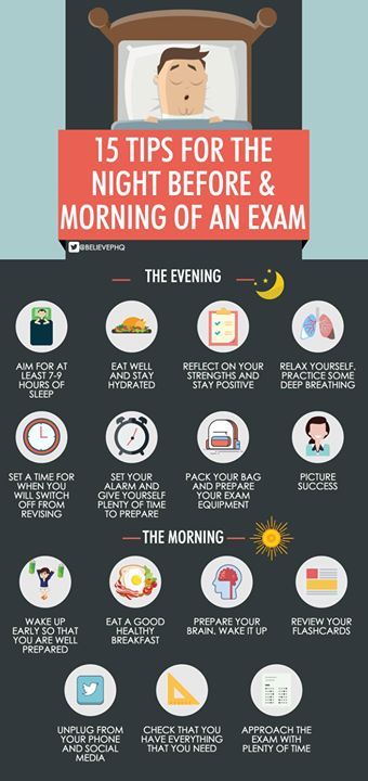 a poster with the words, tips for the night before and morning of an exam