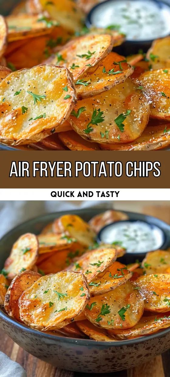 air fryer potato chips in a bowl with ranch dressing on the side, and another photo showing how to make them