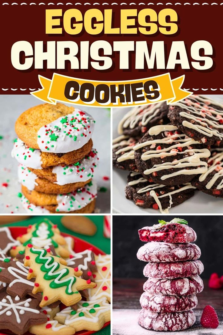 an eggless christmas cookie collage with different cookies