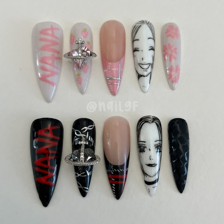 Nana Anime Nails Designs, Nana Anime Nails, Nana Nails Anime, Nana Nails Inspired, Nana Inspired Nails, Face Nail Designs, Anime Themed Nails, Art Inspo Anime, Nana Nails