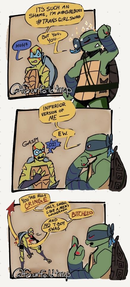 comic strip with turtles and captions about the differences between each character's life