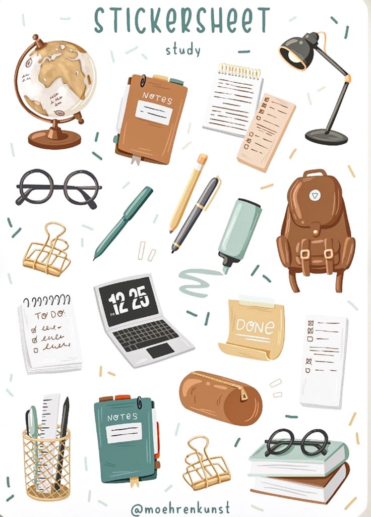 a poster with various items that include books, notebooks and glasses on it's cover