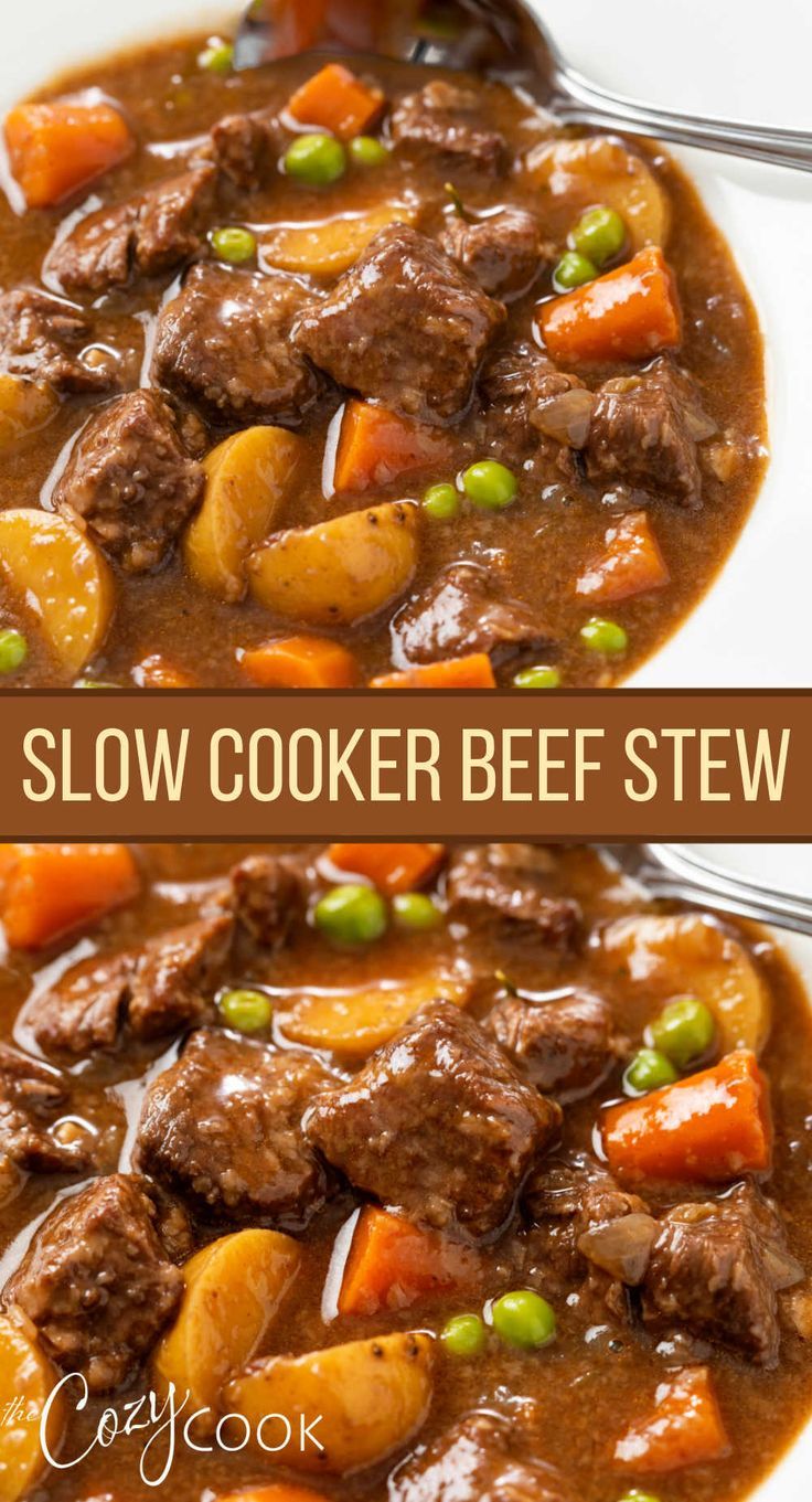 A collage of beef stew in a bowl with stew meat and vegetables. Slow Cooker Recipes Beef Stew, Crockpot Recipes Beef Stew, Slow Cooker Recipes Beef, Slow Cooker Beef Stew, Salad Pasta, Crockpot Recipes Beef, Beef Stew Recipe, Buffalo Chicken Dip, Crock Pot Slow Cooker