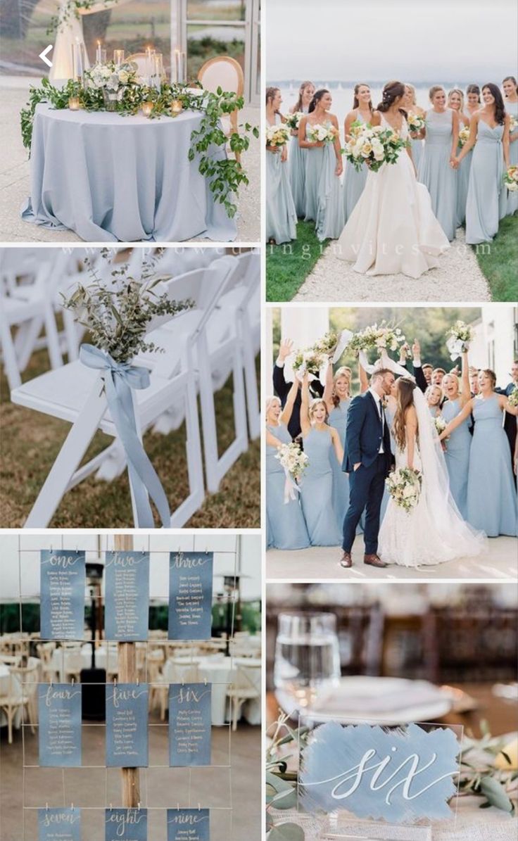 a collage of photos showing the wedding party and reception tables at an outdoor venue