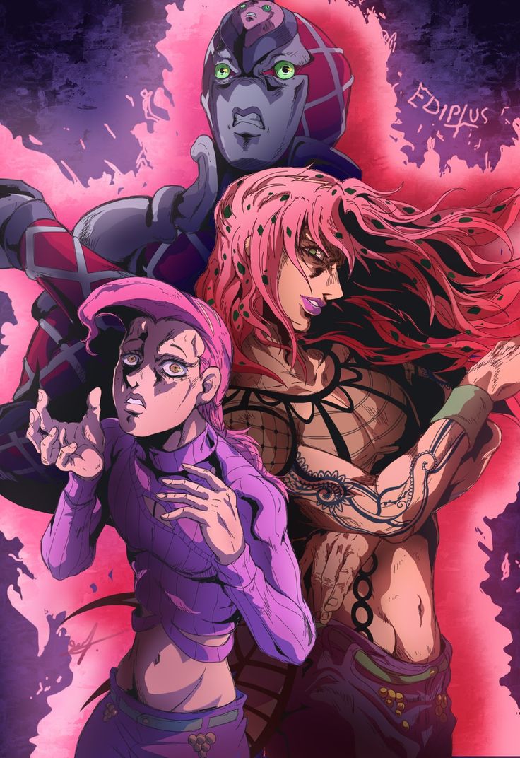 two anime characters standing next to each other in front of a pink and purple background