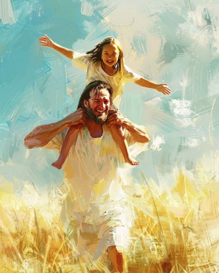 a painting of a man carrying a woman on his back in the middle of a wheat field